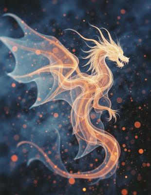 The primary subject of the image is a dragon, which is the main object, scene, or focus of the image. The dragon is depicted in a digital art style, with a vibrant orange color and a glowing appearance. The setting or background of the image features a blue sky, which adds to the overall atmosphere of the scene. The dragon is surrounded by a few stars, which further enhances the visual style and mood of the image.